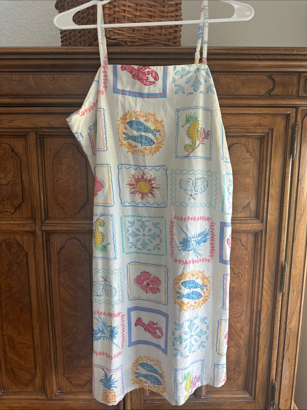 Japna White Midi Skirt with Multicolor Seaside Print